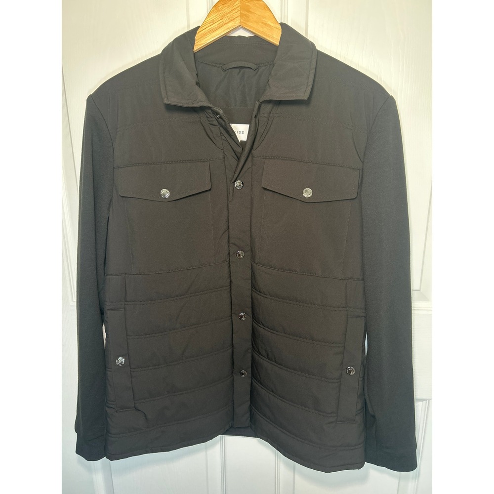 REISS Jay Quilted Hybrid Jacket Mens Large Black Utility Shacket Snap Front